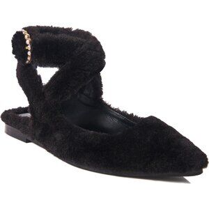 Free People Faux Fur Shearling Parisa Pointed Fuzzy Flats Black Shoes 7.5 NWT